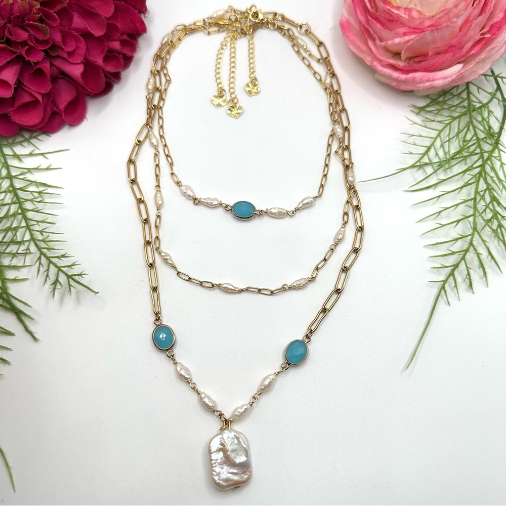 NEW⚜️Freshwater Baroque Pearl & Aqua Crystal Necklace - Picture 6 of 7